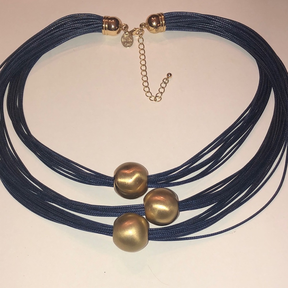 Lovisa Elegant Gold Tone and Blue Cord Boho Statement Necklace